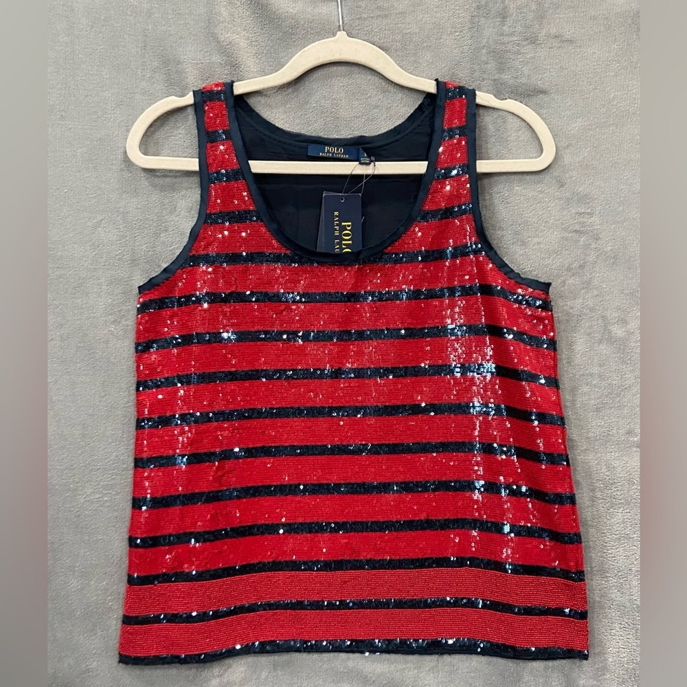 Polo Ralph Lauren Ladies Red Blue Sequined Striped Tank‎ Top Size Small New